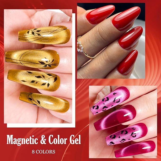 MEET ACROSS 8pcs Gel Nail Polish Set, Soak off UV LED Lamp Gel Nail Polish Cat Eye Set Home Gel Manicure Kit 7ml (Cat Eye + color Gel-1)