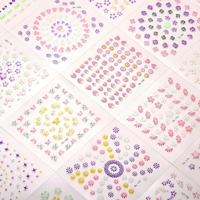 30 Sheets Flowers Nail Art Sticker Decals 3D Self-Adhesive Flower Nails Sticker for Nail Art Colorful Cute Butterfly Stars Nail Art Design Decoration Accessories for Women DIY Acrylic Nail