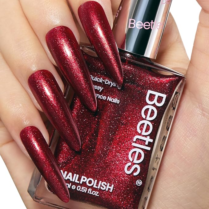 Beetles Nail Polish Red Glitter 1Pcs 15ml Ruby Radiance Fast Drying & Long Lasting Nail Polish Shimmer Red Color Art Effect for Christmas Nail Salon DIY Manicure