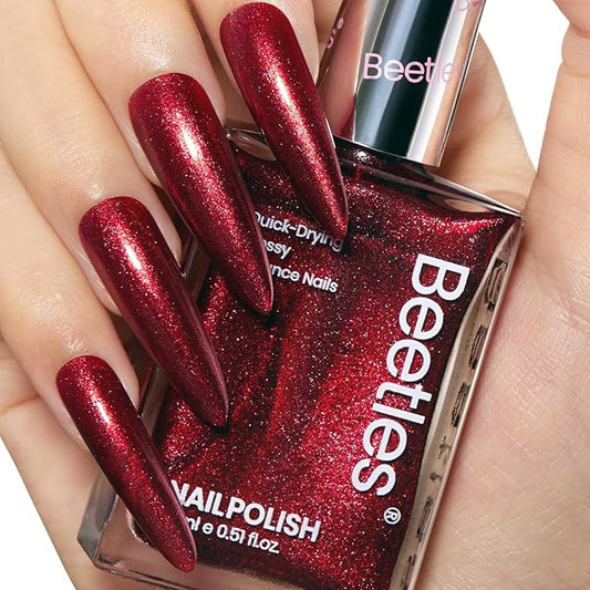 Beetles Nail Polish Red Glitter 1Pcs 15ml Ruby Radiance Fast Drying & Long Lasting Nail Polish Shimmer Red Color Art Effect for Christmas Nail Salon DIY Manicure