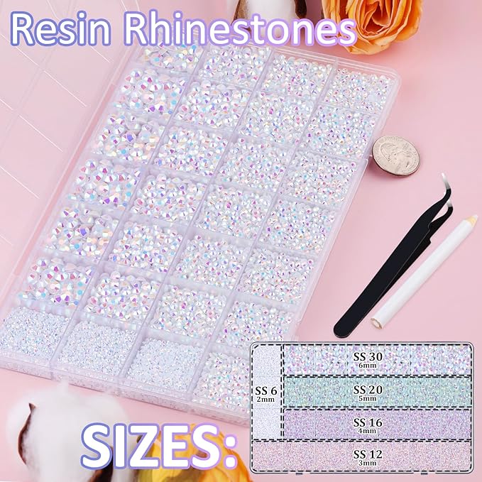 30000Pcs Resin Rhinestones for Bedazzling with Tweezers, White AB Rhinestones for Crafting with B7000 Jewelry Glue for DIY Crafts Clothing Tumblers Shoes Fabric Nail Art