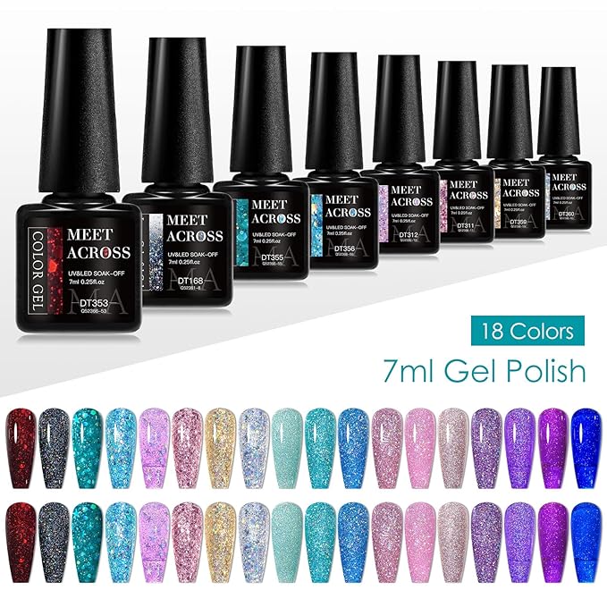 MEET ACROSS 18pcs Gel Nail Polish Set Soak Off UV LED Lamp Gel Nail Polish Kit (SET-6, 18pcs)