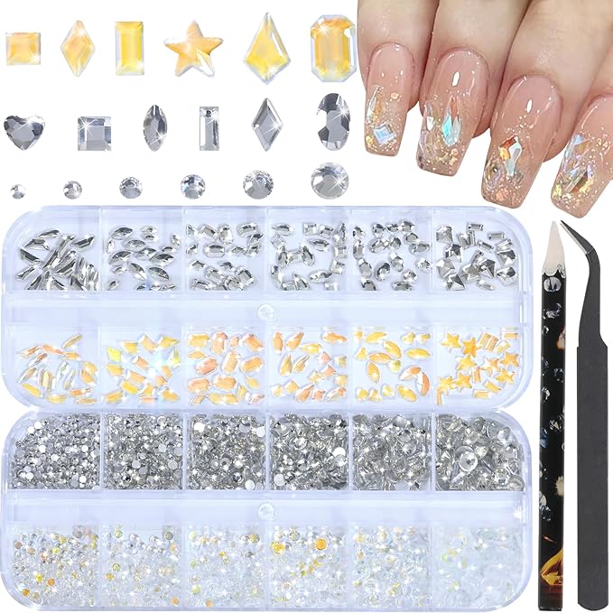 HNUIX Nail Rhinestones for Nails - 3D Multi Shapes, Flat Back, Small Nail Gems, Crystal & Aurora Nail Diamonds, with Kit, for Nail Art, DIY Decor