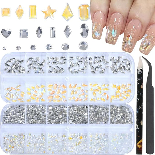 HNUIX Nail Rhinestones for Nails - 3D Multi Shapes, Flat Back, Small Nail Gems, Crystal & Aurora Nail Diamonds, with Kit, for Nail Art, DIY Decor