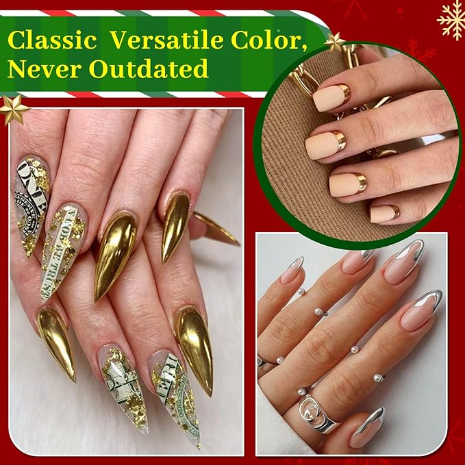 Christmas Red Green Chrome Nail Powder, DRMODE 6 Colors Gold Silver Mirror Metallic Effect Nail Chrome Powder, Blue Rose Gold Champagne Colored Chrome Powder for Nails Palette Pigment for Nail Art