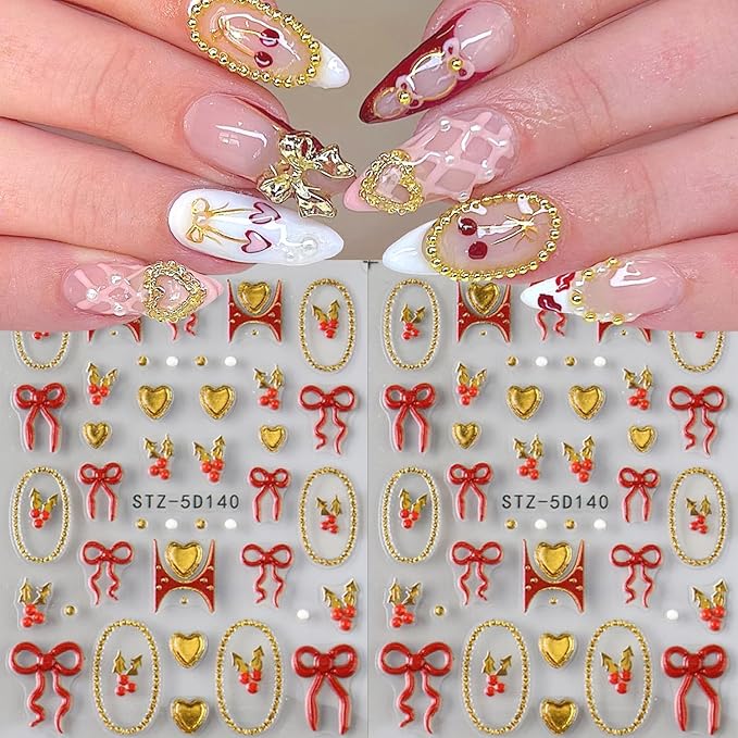 2Sheets Christmas Nail Art Stickers 5D Embossed Holly Nail Decals with Gold Beads Frame Designs Nail Stickers Self-Adhesive Red Bow Nail Decal Gold Heart Nail Sticker for Women Nails Decor Supplies