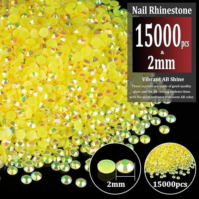 15000pcs 2mm Resin Rhinestones Bulk, Lemon Yellow AB Flatback Round Jelly Rhinestones Bedazzling Non Hotfix Crystal Gems Large Quantity Wholesale for DIY Crafts Clothes Tumblers Face Makeup Manicure