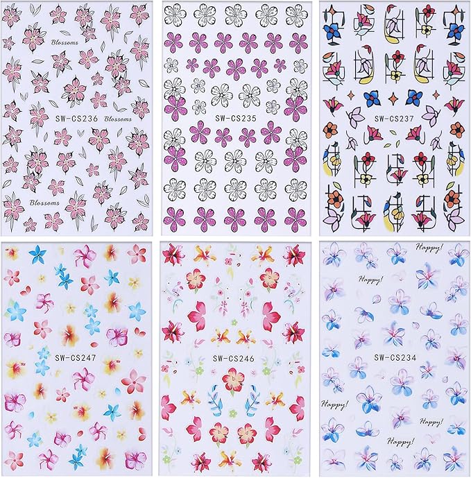 6 Sheets Flower Nail Art Stickers 3D Self-Adhesive Spring Summer Nail Sticker Butterfly Nails Art Decals Holographic Floral Nails Decal Decoration for Women Blossom Manicure DIY Nail Supplies