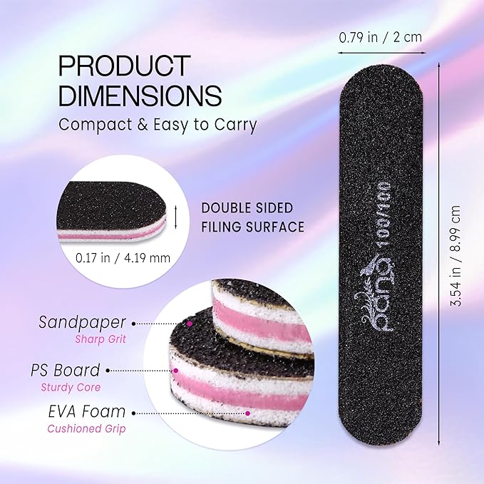 25PCS Mini Size PANA Professional Double Sided Nail Files - Black, 100/100 Grit - Emery Board Nail Buffering File Manicure Pedicure Nail Polisher Washable