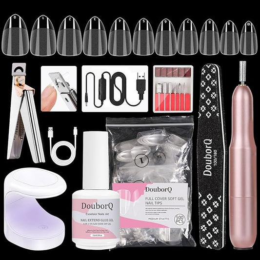 Major Dijit Gel Nail Kit - Beginner Gel Nail Set with Nail Drill, 0.5oz 4-in-1 Nail Glue, 500PCS Medium Stiletto Nail Tips, Nail Clipper, UV Lamp for Nail Extension & Art (Medium Stiletto)