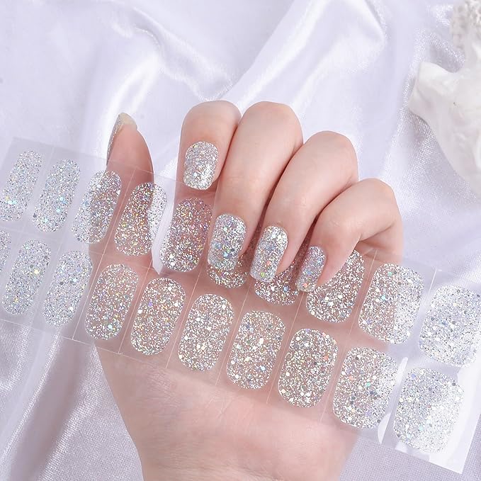 Semi Cured Gel Nail Strips Salon-Quality, Long Lasting Adhere Nail Art Stickers Decals (Glitter Sequins)