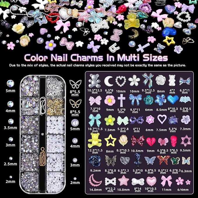3D Nail Charms Set, Color Flower Bow Moon Heart Star Nail Art Charms, Half Round Pearl & Flatback Gems AB, Hollow Butterfly Alloy Nail Art Supplies DIY Accessories