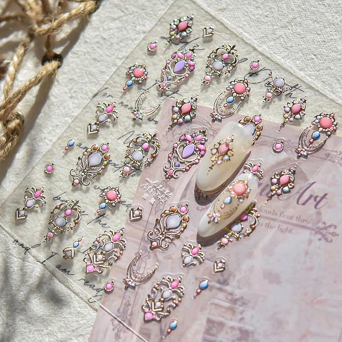 5D Embossed Gemstone Nail Stickers Gold Vintage Frame Nail Designs Flower Rose Golden 5D Self-Adhesive Luxury Baroque-Style Scepter Nail Decals for Women DIY Manicure 1 Sheet