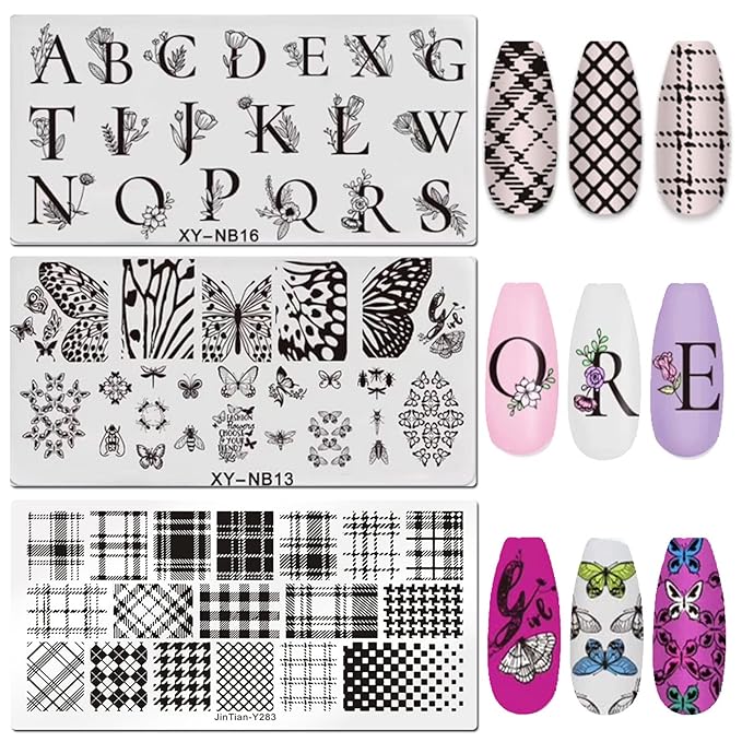 LoveOurHome Nail Stamping Plate Kit Letter Butterfly Lace Geometry Floral Fingernails Template Stencil Stamps Plate Silicone Stamper Scraper Manicure Design Tools Set (Letter)