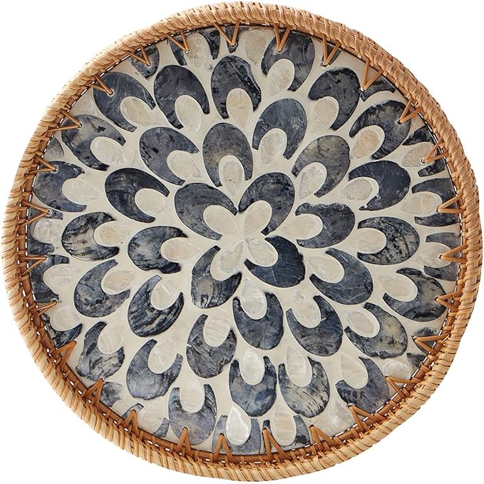 Round Rattan Tray with Mother of Pearl Inlay, Rattan Serving Tray with Wooden by Kmelep