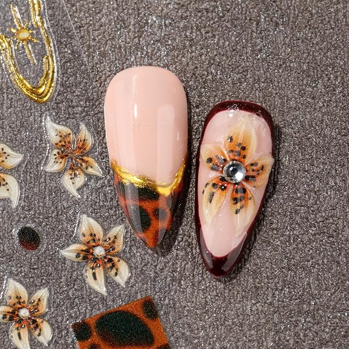3 Sheets Brown Leopard Print Nail Stickers 5D Embossed Floral Nail Decals Exquisite Line Fall Brown Leopard Print Flower Nails Design Gold Stars Nails Supplies for Women Autumn Winter Manicure Decor