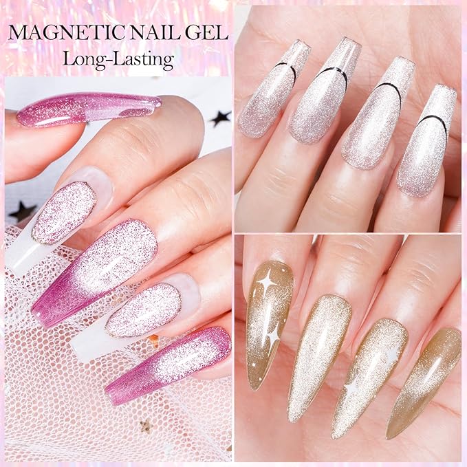 MEET ACROSS Ice Cat Eye Gel Nail Polish Set Magnetic Cat Eye Gel Nail Polish Set Soak Off UV LED Light Starry Sky Effect Magic Nail Polish Kit Manicure Nail Art Gift Kit 6 Colors Free Magnet Stick