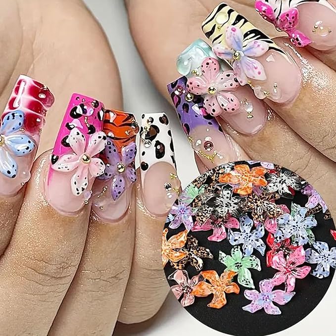 3D Hawaii Flowers for Nails,Spring Hibiscus Floral Nail Art Charms Lily Flowers for Nail Rhinestones Craft Multi-Color Petal Relief Flower Charms for Summer Acrylic Nail Jewelry Manicure Accessories