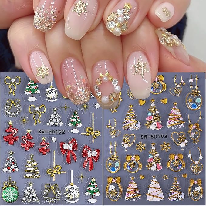 2 Sheets Christmas Nail Stickers for Nail Art Gold Snowflake Ball Nail Art Stickers Embossed Snow Christmas Tree Nail Decals 5D Self-Adhesive New Year Red Bow Xmas Wreath Nail Design Decals for Women