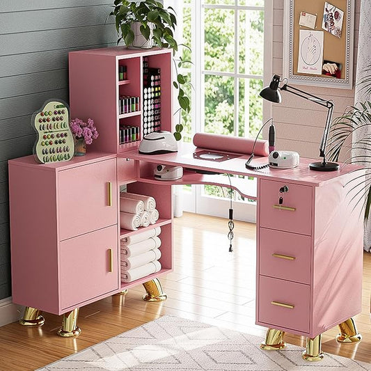 Manicure Table Nail Station w/Dust Collector - L-Shaped Nail Tech Table with Shelves, Storage Cabinets, Drawers, Metal Handles & Legs, Salon Wrist Rest, Beauty Salon Workstation Decor (Pink)