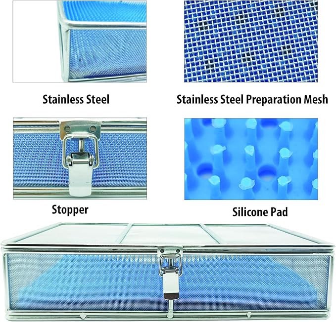 Instrument Tray with Silicone Mat&Lid, 11.81"x7.87"x2.75" (30x20x7cm), 304 Stainless Steel Sterilization Basket–Ultrasonic Perforated Mesh Tray for Ophthalmic, ENT Instruments, Cleaning&Sterilization