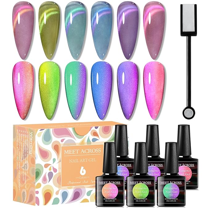 MEET ACROSS Glass Cat Eye Gel Polish Set 9D Galaxy Magnetic Cat Eye Gel Nail Polish Set Neon Colorful Magnetic Nail Polish with Magnet Cateye Gel Polish Kit for Home DIY Manicure Varnish Art Design