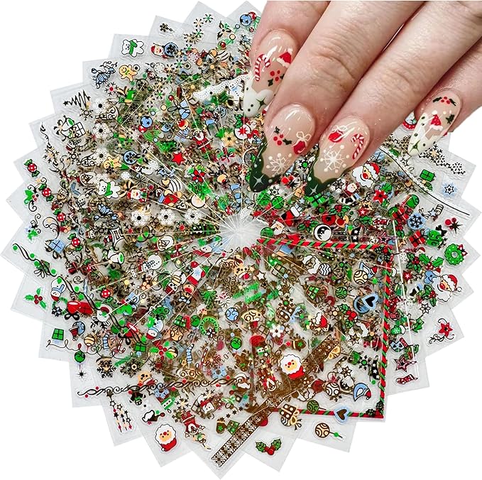 24 Sheets Christmas Nail Art Stickers Gold Snowflake Nail Decals 3D Self- Adhesive Pegatinas Uñas Snowman Elk Christmas Trees Nails Nail Supplies Nail Art Design Decoration Accessories for Women and G