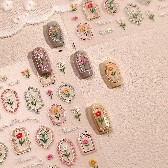 Flower Nail Decals Embossed Summer Tulip Nail Art Stickers 5D Self-Adhesive Gold Pink Nail Stickers Floral Nails Designs Decals Summer Nails Decoration for Women Girls