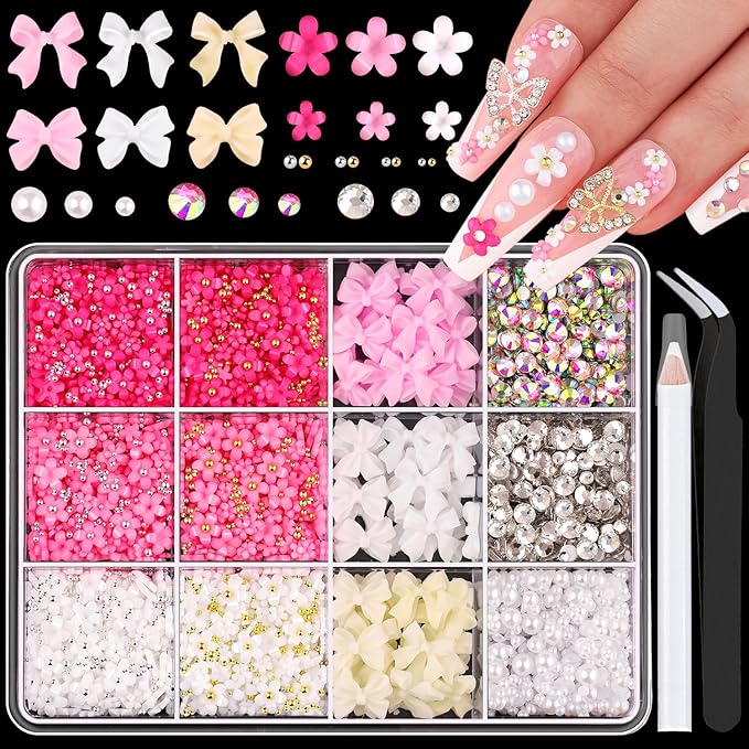 3D Nail Charms and Gems Set 5, 75PCS Chunky Coquette Pink and White Bow Nail Charms + Kawaii Cute 3D Flowers for Nails + Clear and AB Glass Rhinestones + Flatback Pearls for Y2K Acrylic Nail Design