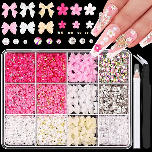 3D Nail Charms and Gems Set 5, 75PCS Chunky Coquette Pink and White Bow Nail Charms + Kawaii Cute 3D Flowers for Nails + Clear and AB Glass Rhinestones + Flatback Pearls for Y2K Acrylic Nail Design