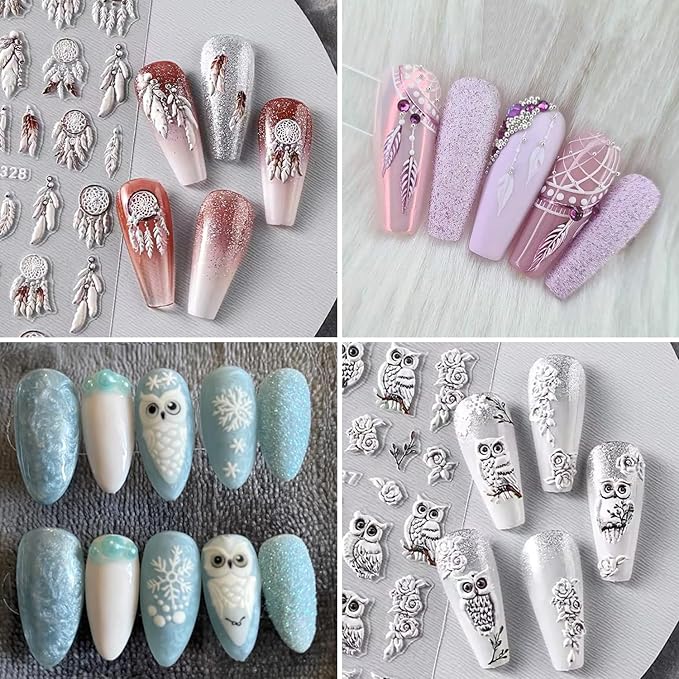 2Sheets Cute Owl Nail Art Stickers 5D Embossed Feather Dreamcatcher Designs Nail Decals Self-Adhesive White Owl Rose Flower Nail Sticker Autumn Winter Nails Supplies for Women DIY Manicure Decor