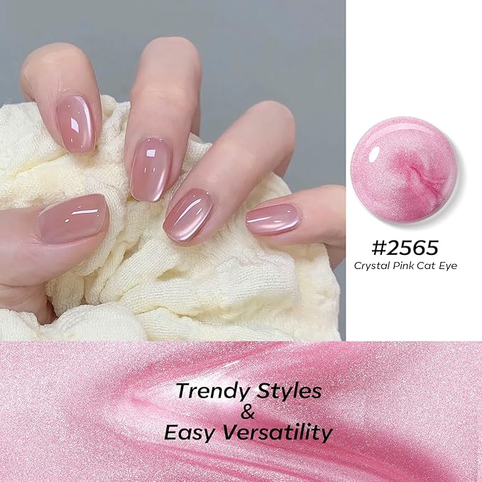 modelones Pink Cat Eye Gel Polish, 15 ML Glitter Holographic Jelly Glass Cat Eye Summer Light Rose Funny Bunny Color Shimmer Reflective Translucent U v Gel Magnetic Nail Polish Top Coat for Women Girl