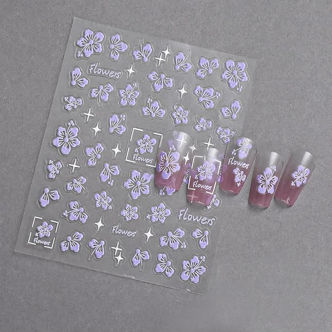 Flower Nail Stickers 5D Embossed Hollow Out Flower Nail Decals Pink Purple White Floral Designs Summer Cute Flowers Decals Pegatinas Uñas for Women DIY Manicure Decoration Accessories 3Sheets