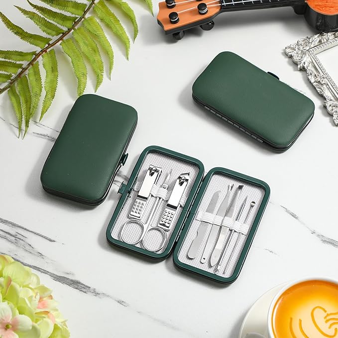 Geosar 12 Sets Manicure Set Nail Clippers Pedicure Kit 8 in 1 Grooming Stainless Steel Kits Nail Care Tools with Travel Case Xmas Gifts Christmas Stocking Stuffers for Men Women(Green)