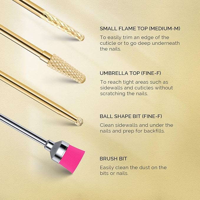 MelodySusie Nail Drill Bits Set, 7pcs Tungsten Carbide Nail Bits for Nail Drill E-file, 3/32 inch Bits Manicure Pedicure Remover Tools for Acrylic Gel Nails, Salon Home Nail Care Supplies, Gold