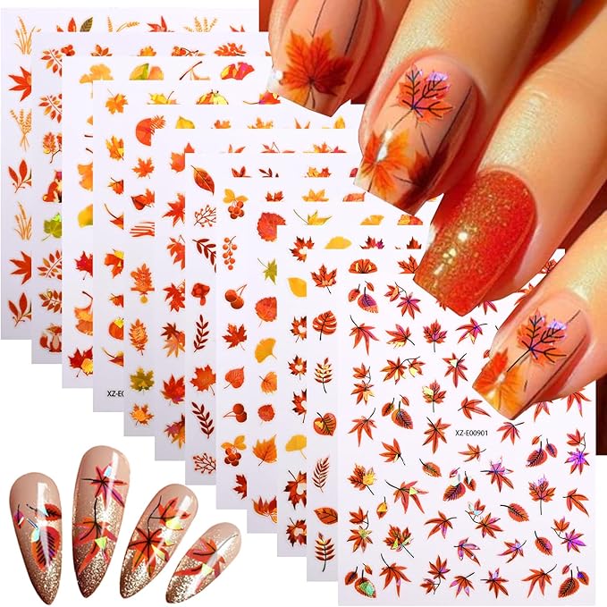 Autumn Nail Art Stickers Maple Leaf Nail Decals Fall Leaves Nail Stickers for Nails Art Mixed Leaf Red Yellow Orange Nut Wheat Design Thanksgiving Nail Sticker for Women DIY Manicure Decor 12 Sheets