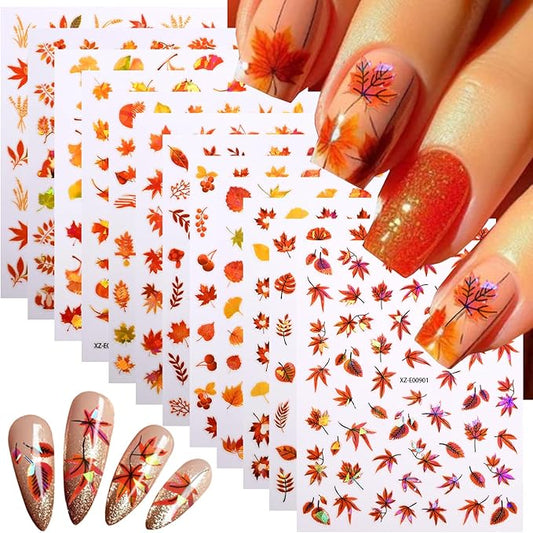 Autumn Nail Art Stickers Maple Leaf Nail Decals Fall Leaves Nail Stickers for Nails Art Mixed Leaf Red Yellow Orange Nut Wheat Design Thanksgiving Nail Sticker for Women DIY Manicure Decor 12 Sheets