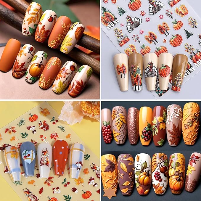 2Sheets Thanksgiving Nail Art Stickers 5D Embossed Squirrel Maple Leaf Nail Decals Self-Adhesive Turkey Pumpkin Designs Nail Sticker Fall Leaves Mushroom Nail Decal for Women DIY Manicure Decoration