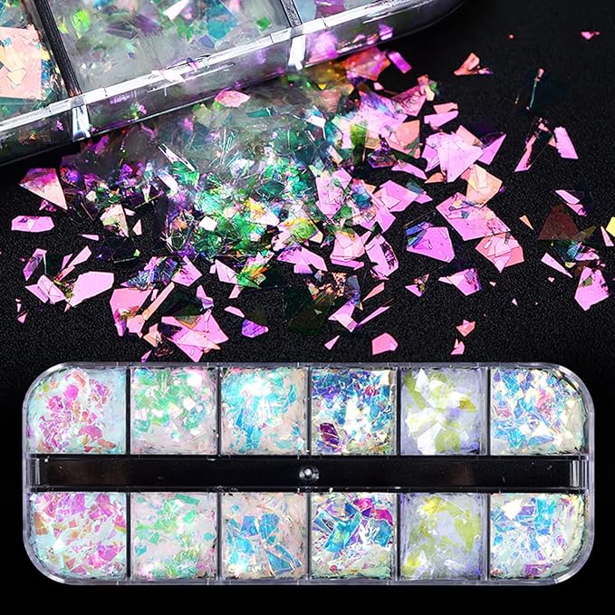 Mermaid Glitter Nail Art Sequins, Holographic 3D Iridescent Ultra Thin Transparent Shiny Nail Art Glitter Flakes Design, Glitter Irregular Nail Sequins Acrylic Supplies for Women Manicure Decorations