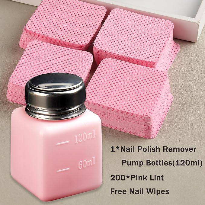 Pump Dispenser 120ml Metal Push Down for Alcohol, Eye Makeup Remover, Nail Polish Remover - 200Pcs Lint Free Nail Wipes Included