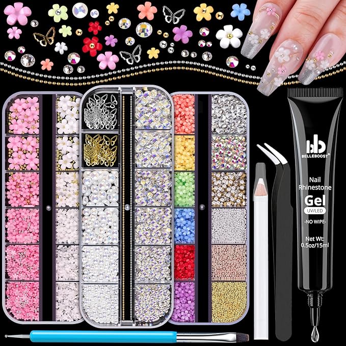 3D Flower Nail Charms and Gems, Cute Colorful Floral Charm Manicure Kit with Nail Rhinestone Glue Gel (UV Curing), Butterfly Caviar Beads Half Round Pearl & Flatback AB + Clear Crystal