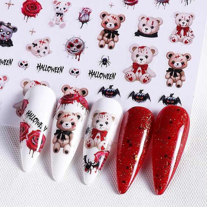 6 Pcs Halloween Nail Art Stickers,Cute Bear and Cat 3D Self-Adhesive Nail Decals with Designs Skull Pumpkin Nail Decorations Halloween DIY Manicure Supplies for Women Girls