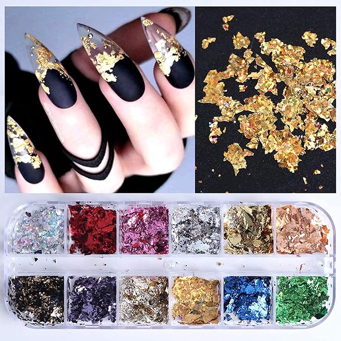 12 Colors Holographic Glitter Foils Laser Sequins Ultra-Thin Film for Nail Designs Acrylic Supplies Manicure Tips Charm Decorations DIY Shiny Art Stickers for Women Girls