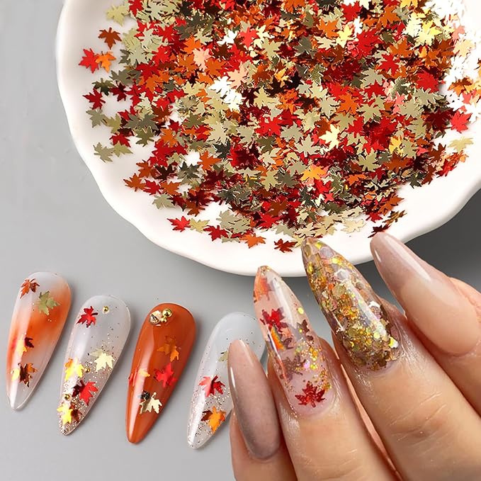Fall Nail Art Glitters Shiny Mixed Golden Maple Leaf Nail Sequins Holographic Maple Leaves Nail Glitter Flakes Sparkly Autumn Winter Nail Designs Fall Stickers Decals Thanksgiving Decorations (1Bag)