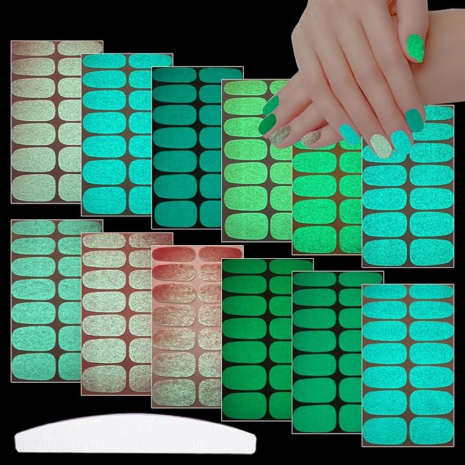 JERCLITY 168 Pieces 12 Sheets Luminous Solid Color Nail Polish Strips Glow in The Dark Nail Wraps for Short Nails Nail Decals Self-Adhesive Nail Stickers Full Nail Wraps for Women Girls Nail Art