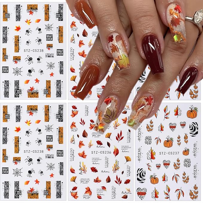 Fall Nail Stickers for Nail Art, Maple Leaf Nail Decals Self-Adhesive Pumpkin Spider Maple Leaves Nail Art Design Sticker Thanksgiving Nail Sticker Acrylic DIY Manicure Decoration for Women 6 Sheets