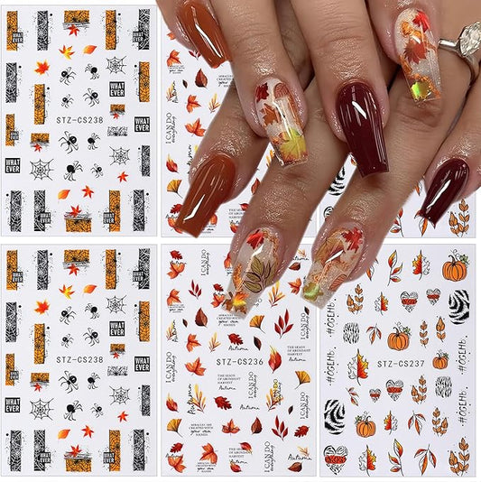 Fall Nail Stickers for Nail Art, Maple Leaf Nail Decals Self-Adhesive Pumpkin Spider Maple Leaves Nail Art Design Sticker Thanksgiving Nail Sticker Acrylic DIY Manicure Decoration for Women 6 Sheets