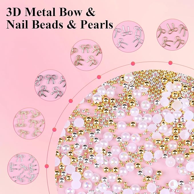 3D Metal Bowknot & AB Pearl and Mini Beads Nail Art Kit - Gold/Silver Alloy Bowknot, 1-2mm Stainless Steel Caviar Beads, 3mm Half Pearls for Professional Salon & DIY Manicure Jewelry Designs (Set 4)