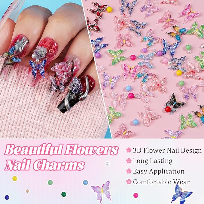 100Pcs Butterfly Nail Charms with 200Pcs Pearls, Colorful 3D Resin Nail Butterfly Charms, White & Macaron Rhinestones for Nail Art, DIY Crafts, Spring Summer Manicure Decoration for Women Girls