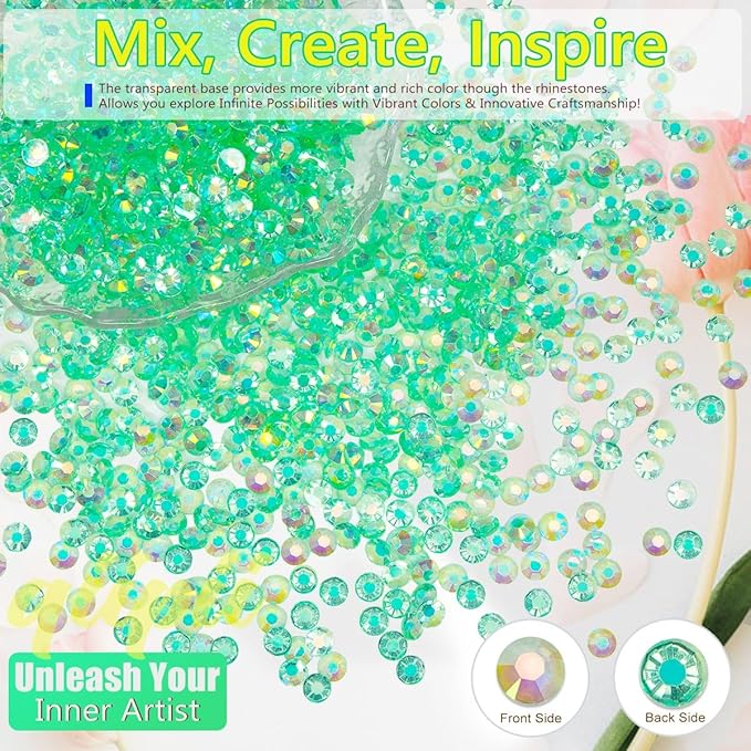 Transparent Green AB Jelly Resin Rhinestones for Crafting 3mm 4mm 5mm 6mm Flatback Stones Aquamarine Peacok AB Gems Diamonds Charms for Nails Eyes Face Makeup Tumblers Bottles DIY Crafts Shoes